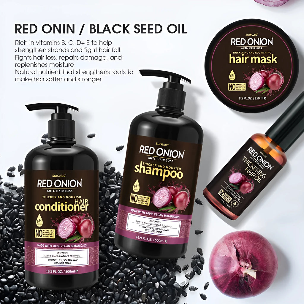 Red Onion Shampoo, Conditioner, Hair Mask, and Essential Oil four-piece haircare set.