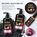 Red Onion Shampoo, Conditioner, Hair Mask, and Essential Oil four-piece haircare set.
