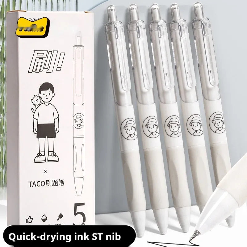 Five white Taco ballpoint pens with 0.5mm black ink refills