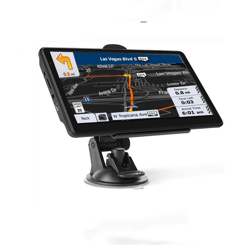 7 inch touch screen car GPS navigation device on a dashboard bracket