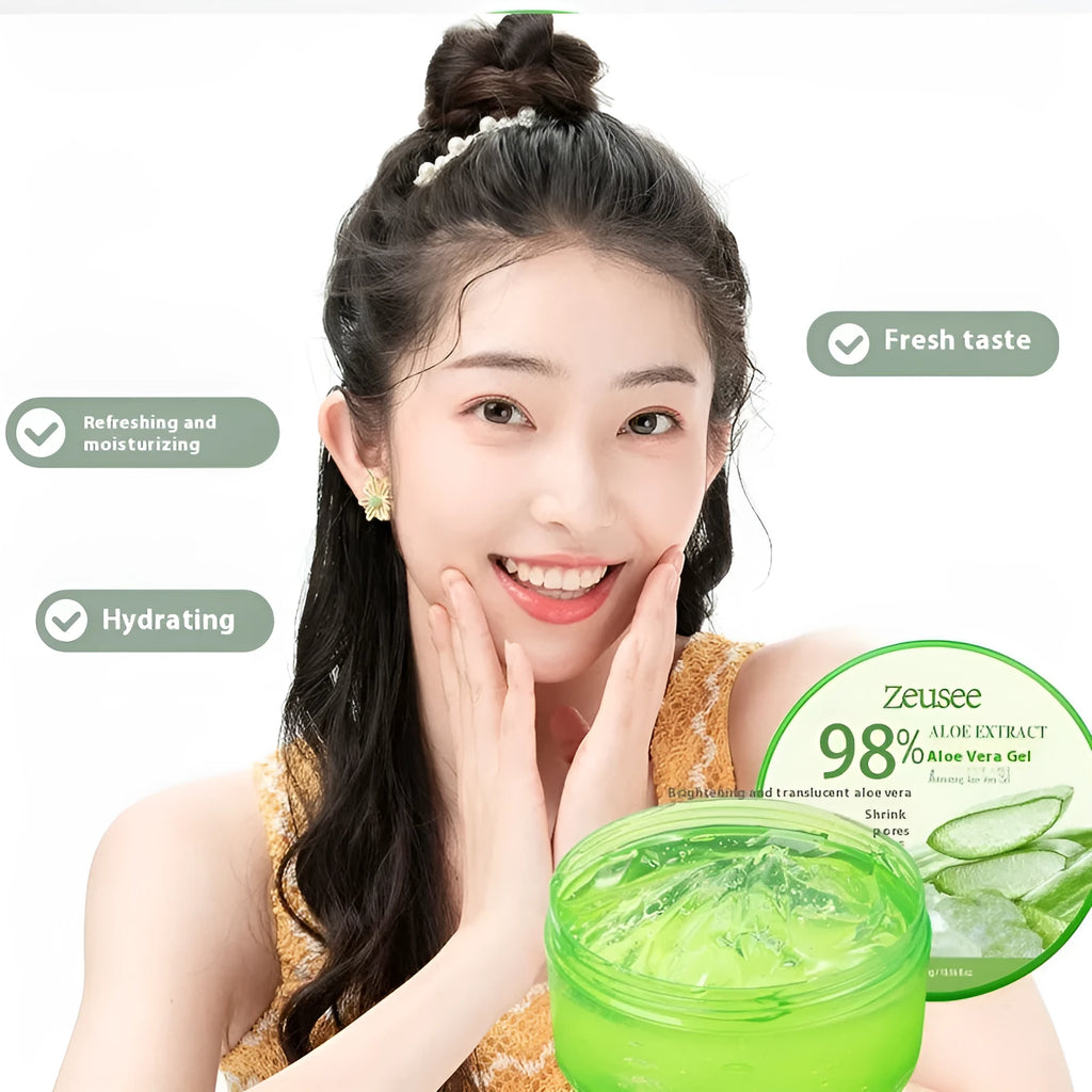 98% aloe vera gel 300g with spoon in white plastic container for acne control and skincare