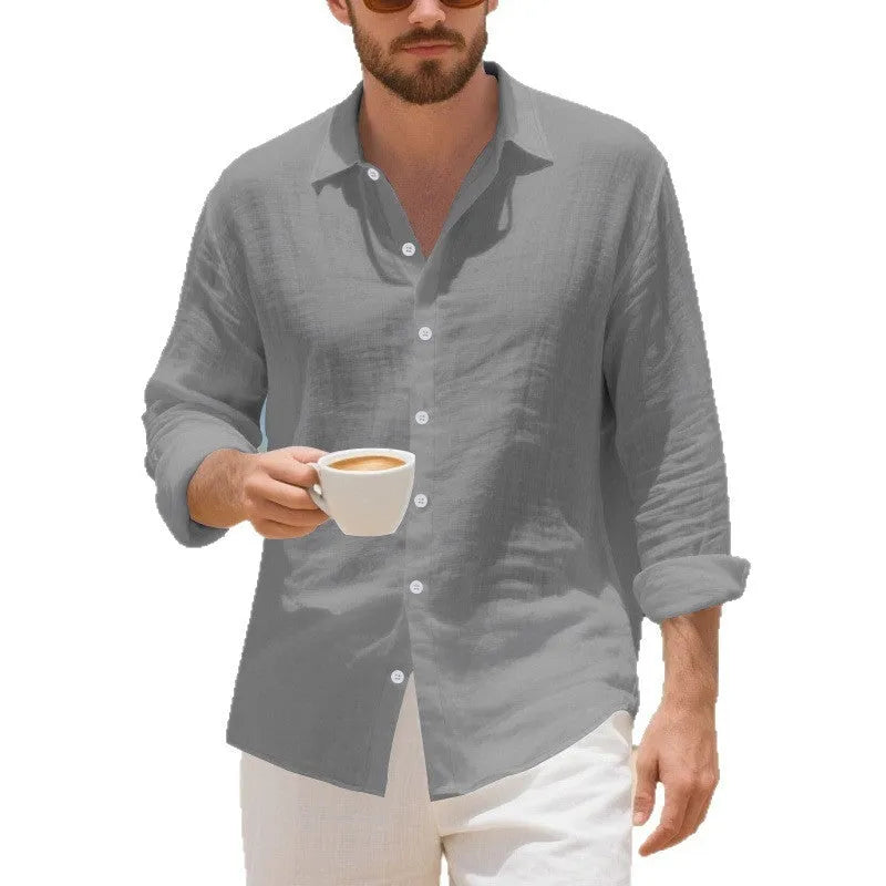Men's loose-fit casual linen shirt in multiple colours on a hanger.