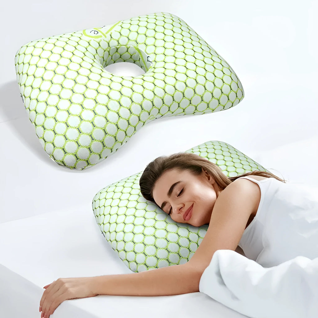 Beauty salon single hole ear pillow in grey with detachable cover, shown next to a tape measure indicating 39cm length.