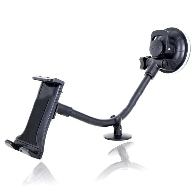 Black vehicle-mounted tablet holder with extendable suction cup rod and lifting bracket for 4-12 inch devices