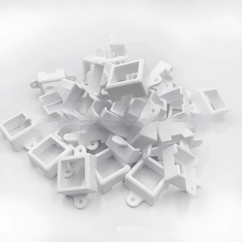 White plastic LED light bracket housing measuring 1.7cm by 6cm for light mounting