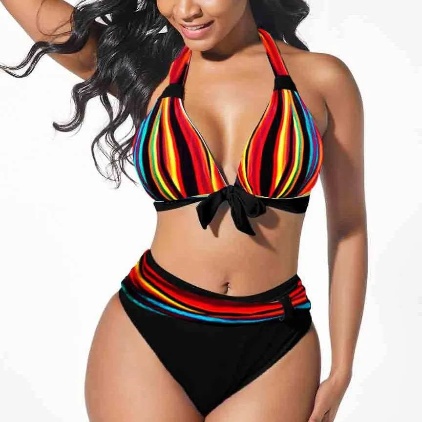 Women's colourful printed plus size bikini swimming suit in Figure 1 print, polyester spandex, S to XXXXL
