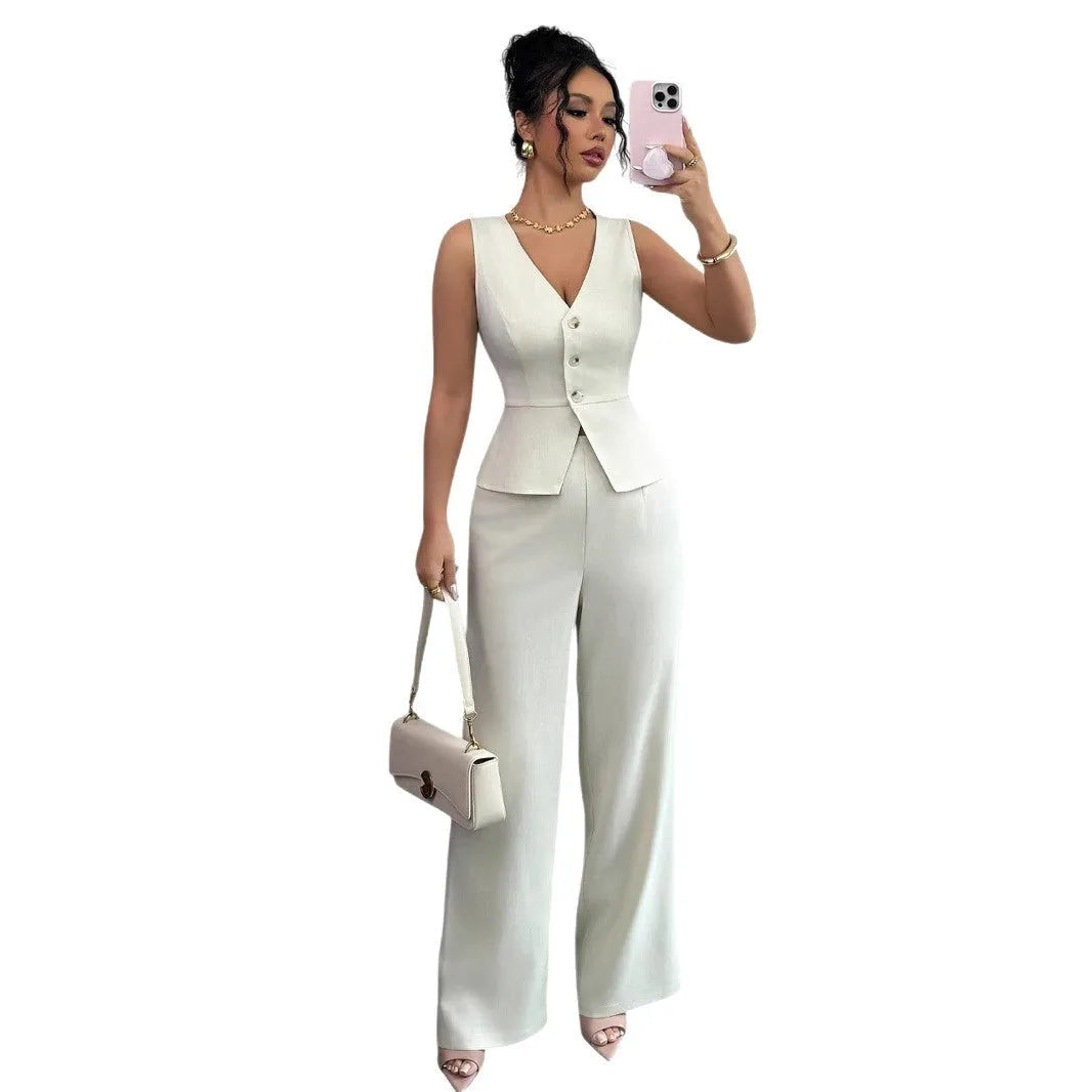 Women's black sleeveless vest and high waist trousers two-piece casual set.