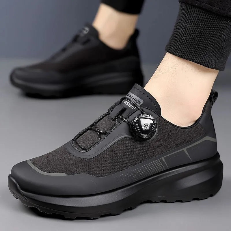 Men's breathable hollow out casual sneakers with rotating button lace-up, black colour, cloth upper and thick platform sole