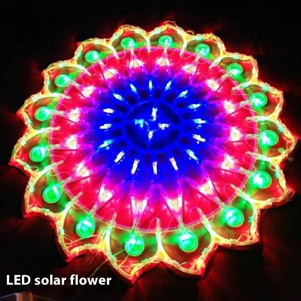 Outdoor battery-powered decorative string lights with peacock, love heart, sunflower, and star shapes.