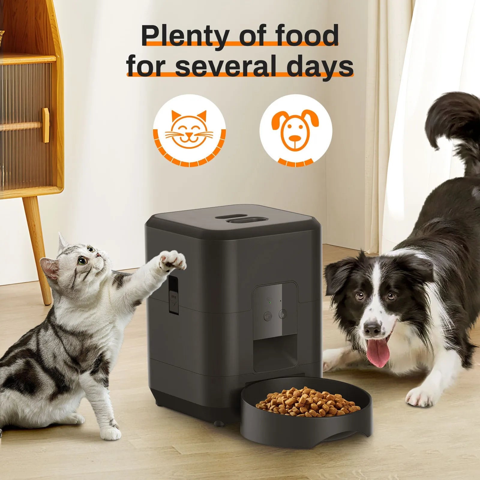 Pet intelligent automatic feeder for cats with white body and button controls, on a kitchen counter