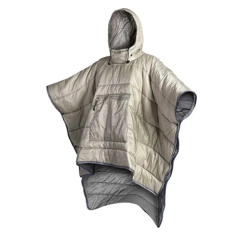 Army Green outdoor cloak sleeping bag worn as a cape, showing its 200cm length and nylon fabric.