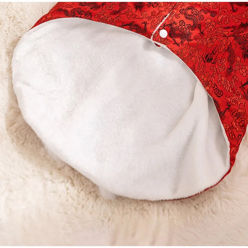 Chinese-style cotton-padded pet coat for large dogs in red with dragon embroidery and rabbit fur collar