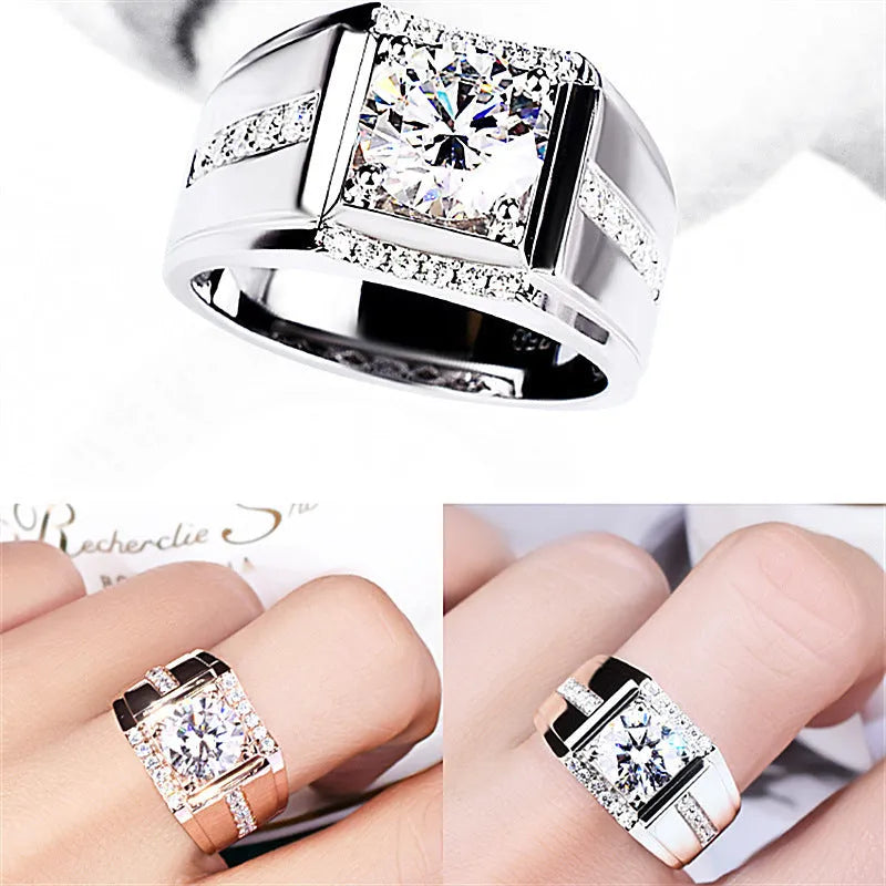 Men's geometric zircon ring with adjustable opening in rose gold, gold, or platinum colour finish