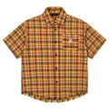 Yellow check patterned short sleeve plaid shirt with embroidered chest pocket detail