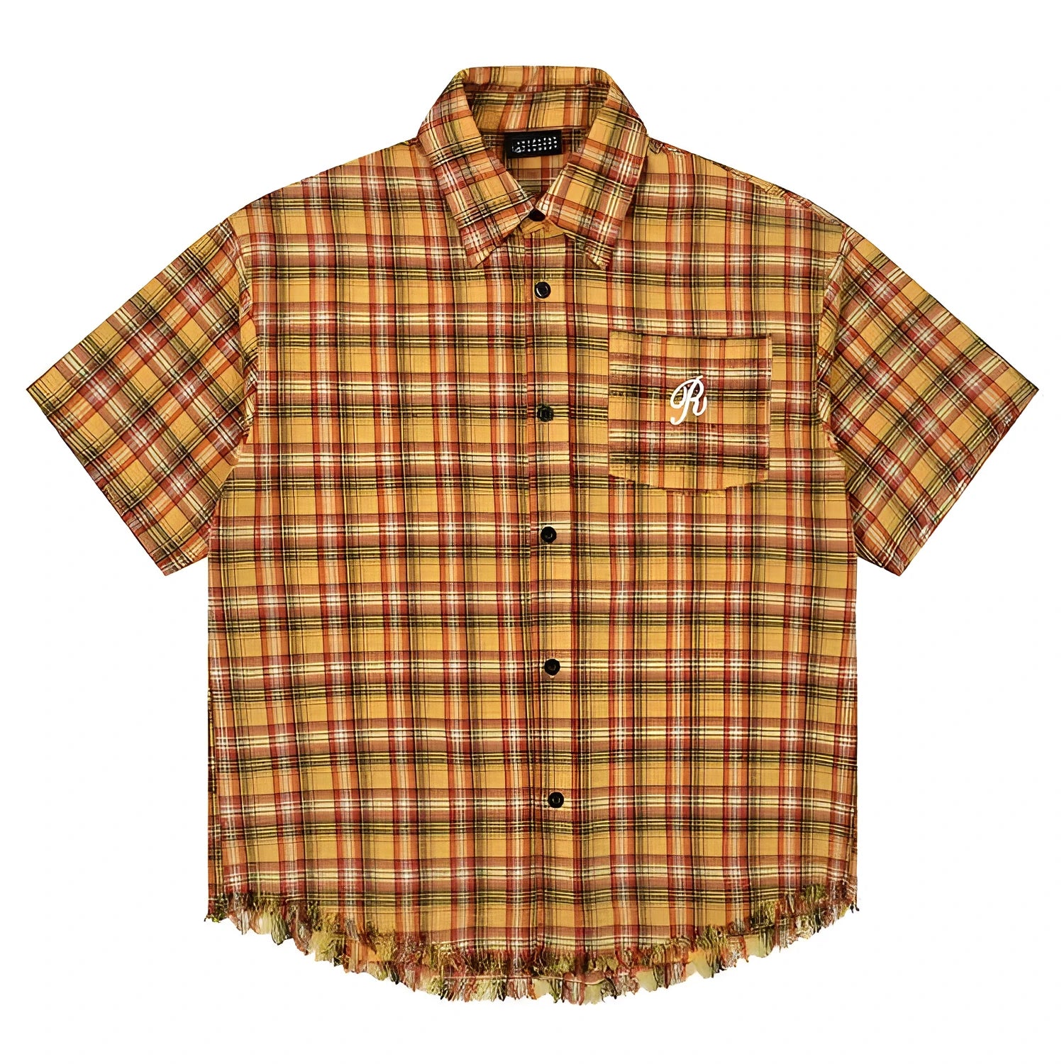 Yellow check patterned short sleeve plaid shirt with embroidered chest pocket detail