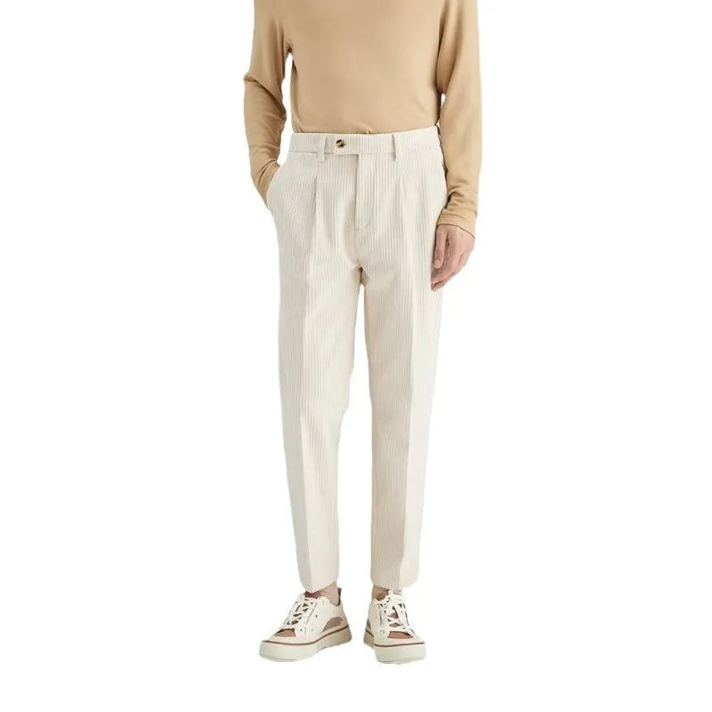 Men's straight-leg corduroy trousers in loose fit showing black, beige and brown grey colour options