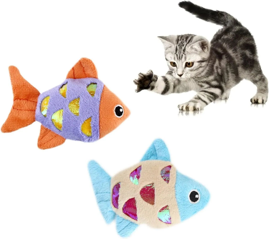 Two soft plush goldfish-shaped catnip cat toys with crinkle paper on a light background