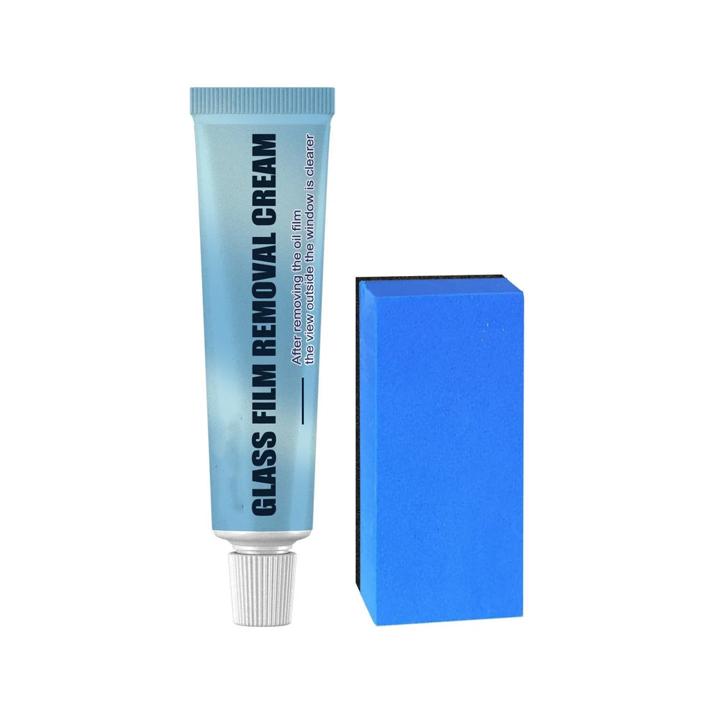 Blue packaged car glass oil film remover with soft sponge applicator for windshield decontamination.