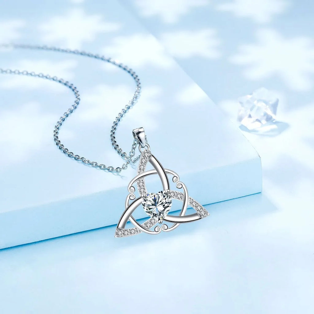 Copper Celtic knot necklace with geometric pendant design in choice of four electroplated colours