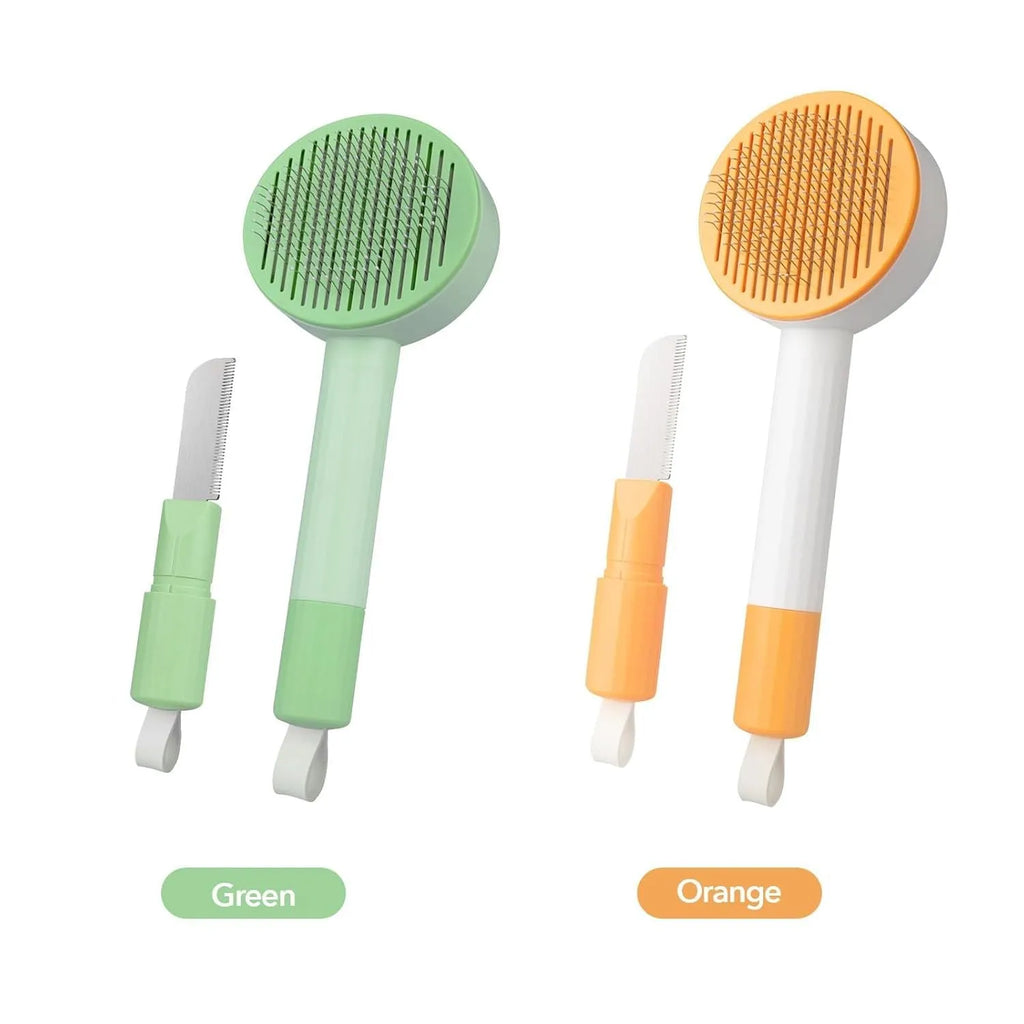 Green and yellow 2-in-1 pet grooming brush with stainless steel teeth and a hanging loop