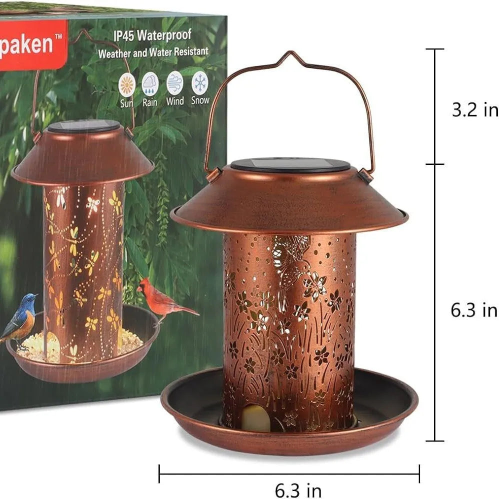Solar powered iron art bird feeder lamp with hummingbird pattern design and LED light