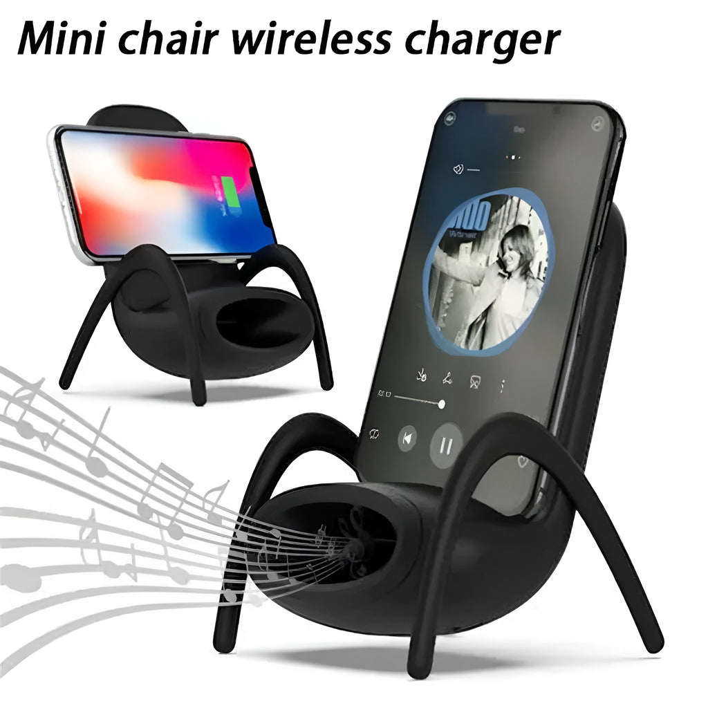 White portable mini chair wireless charger stand with Type-C input and Qi fast charge capability on a desk