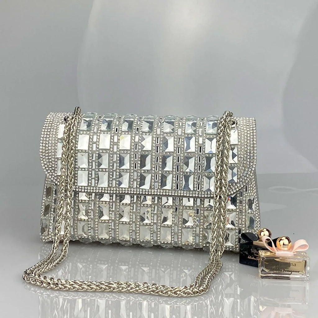 Shiny glass rhinestone chain clutch handbag in silver with open pocket and chain strap