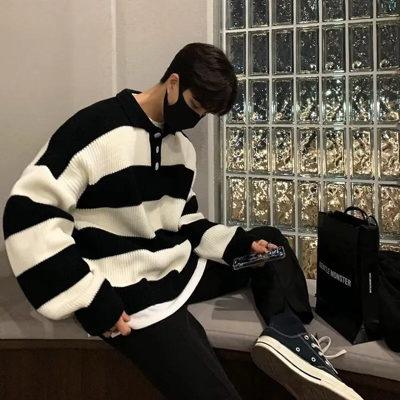 Men's loose striped pullover coat sweater in black, long sleeves, polyester knit, front view