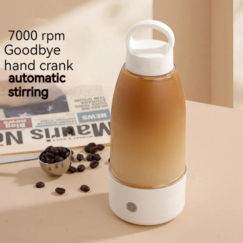 Automatic electric shaker bottle in cream white with USB charging port and handle, 350ml capacity