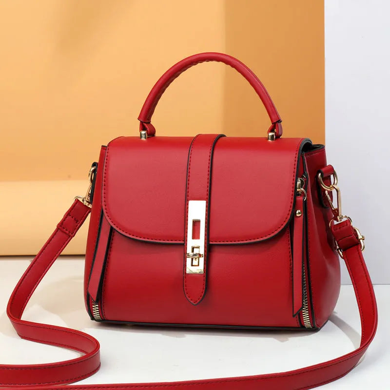Women's soft PU leather messenger bag in square vertical design, shown in one of four colours: black, red, green, or blue.