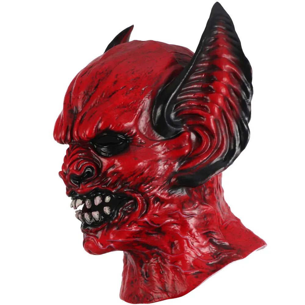 Red bat themed party hood mask for horror costume and dress up events.