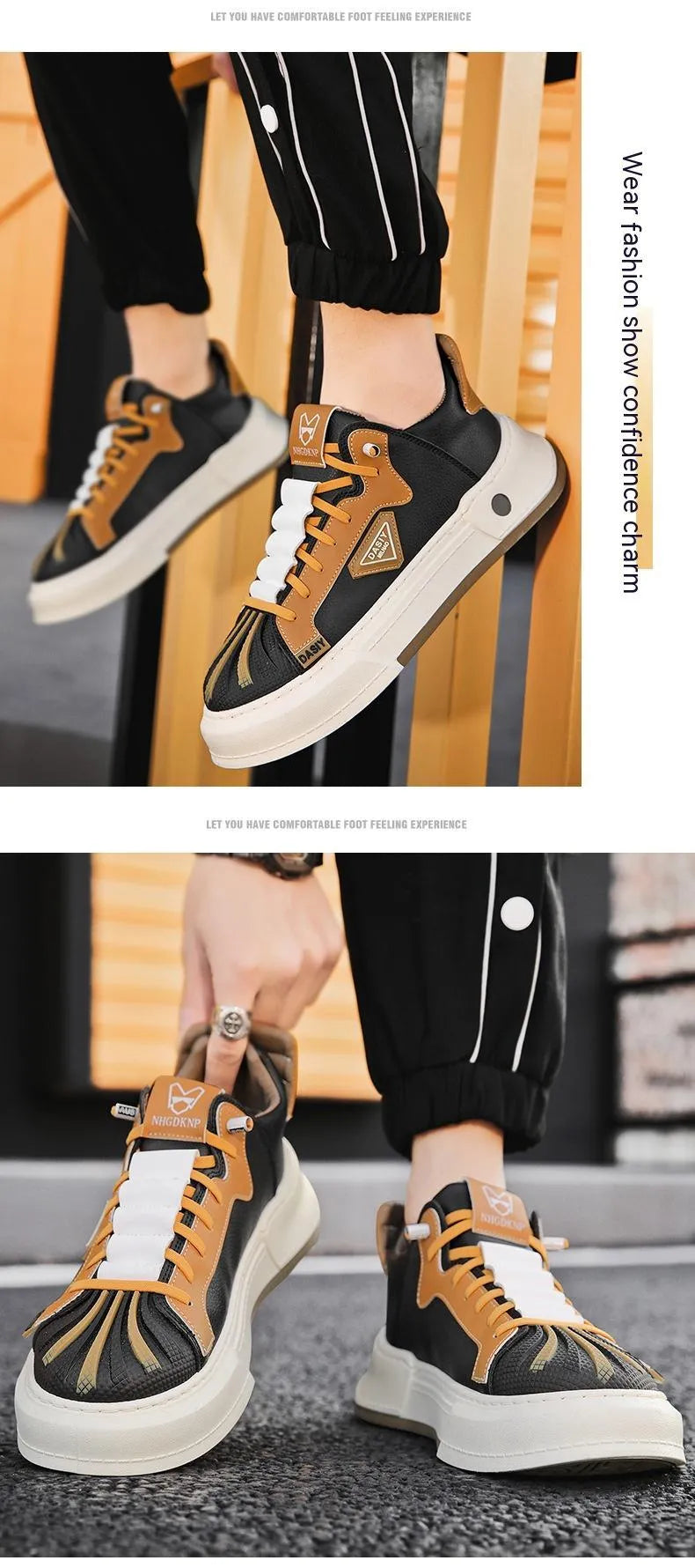 Men's beige casual sneakers with elastic band fastening and leather stitching detail