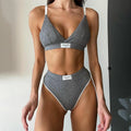 Women's embroidered bikini set with contrast binding, shorts-length bottoms in black, grey or white