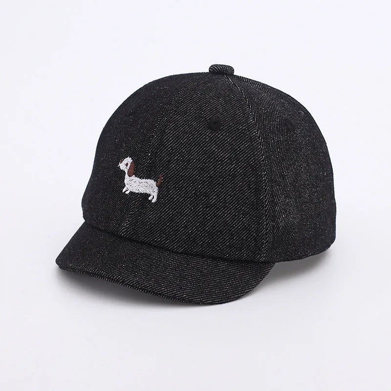 Baby denim baseball cap with puppy design in light blue, sunshade brim, 48cm size