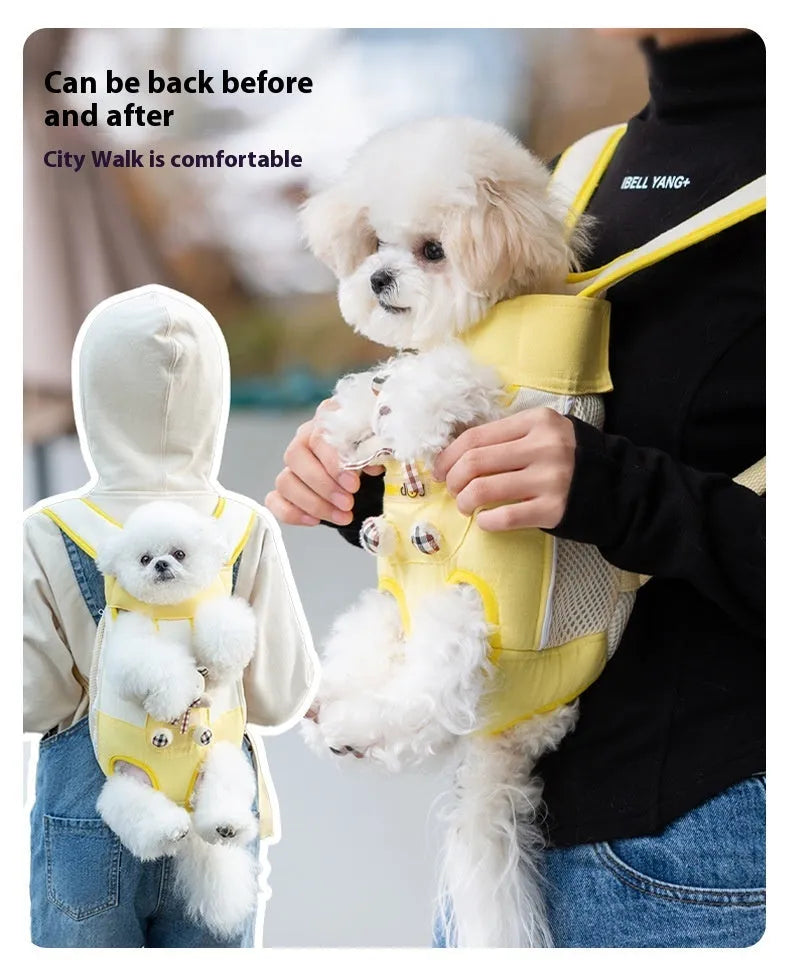 Cartoon Beka yellow bear design soft canvas pet carrier chest bag with ribbon handles.