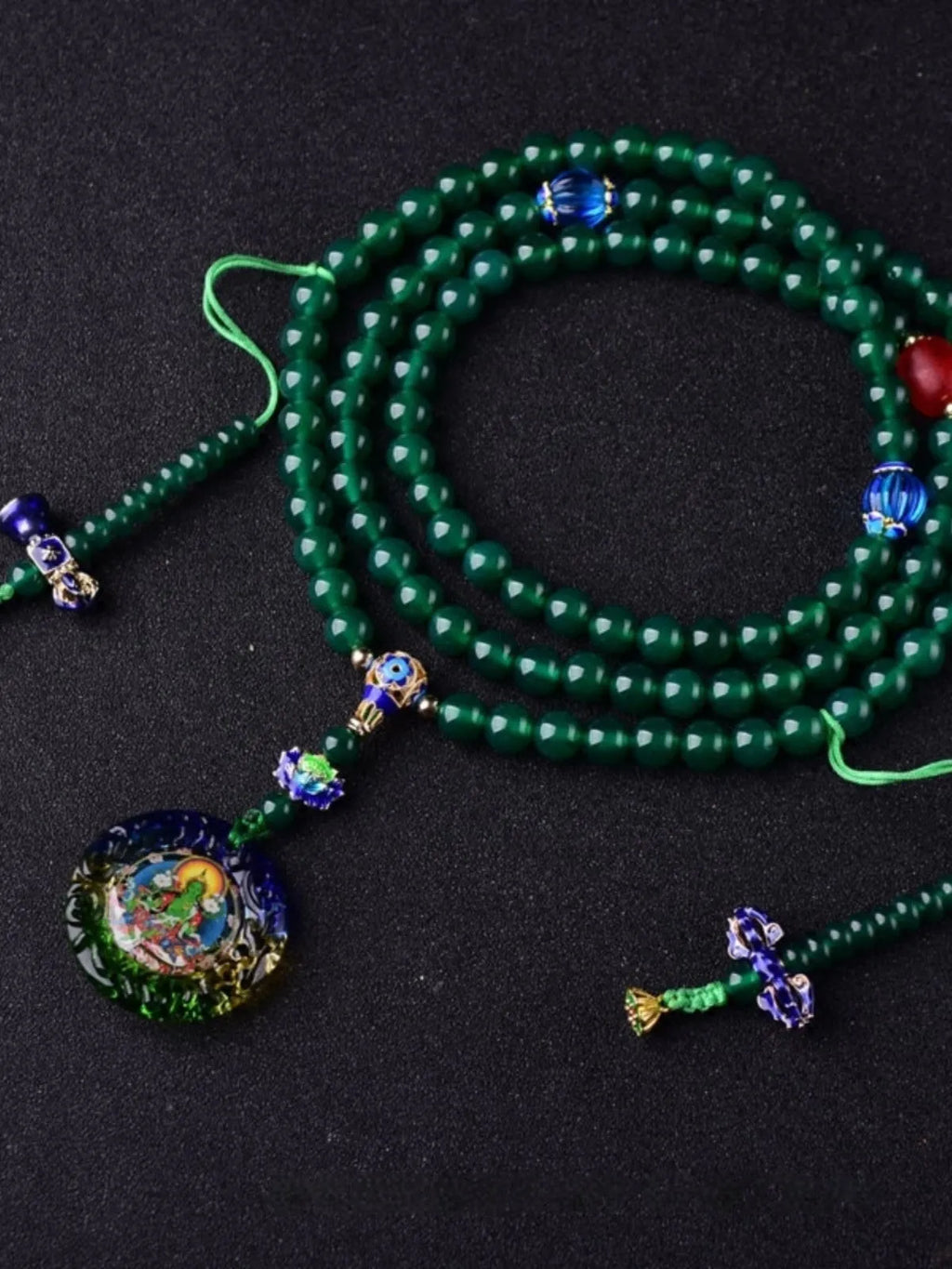 Natural green agate 108 Thangka pendant multi-circle bracelet on display