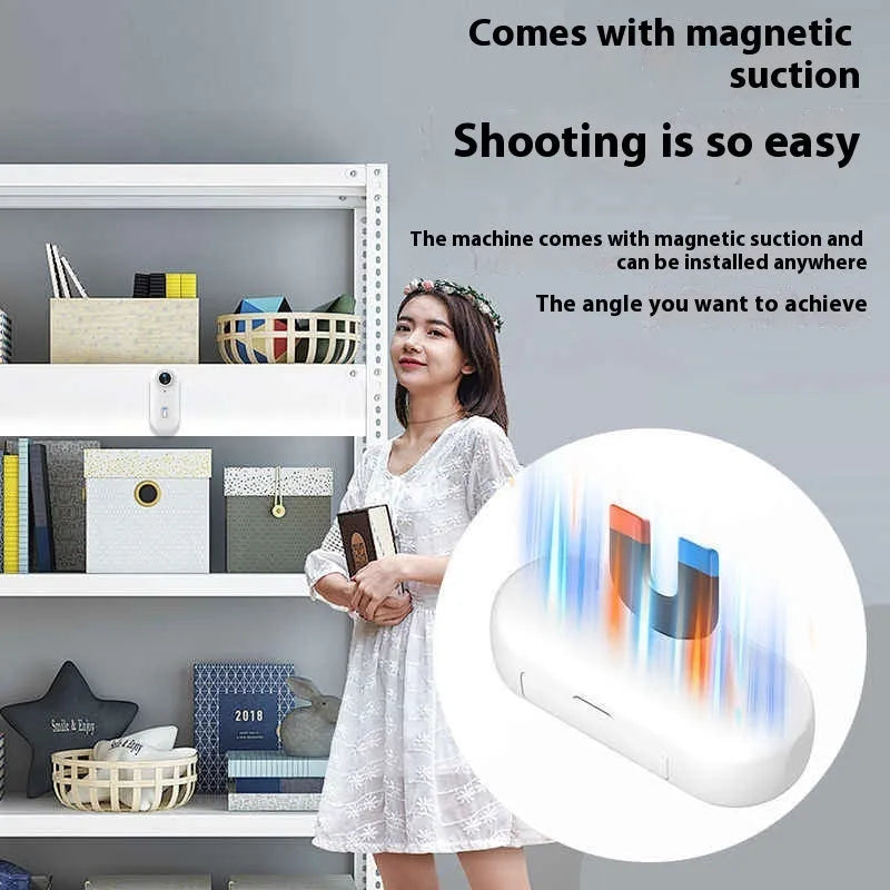 Mini 4K action camera with magnetic mount and waterproof housing in black on a white background