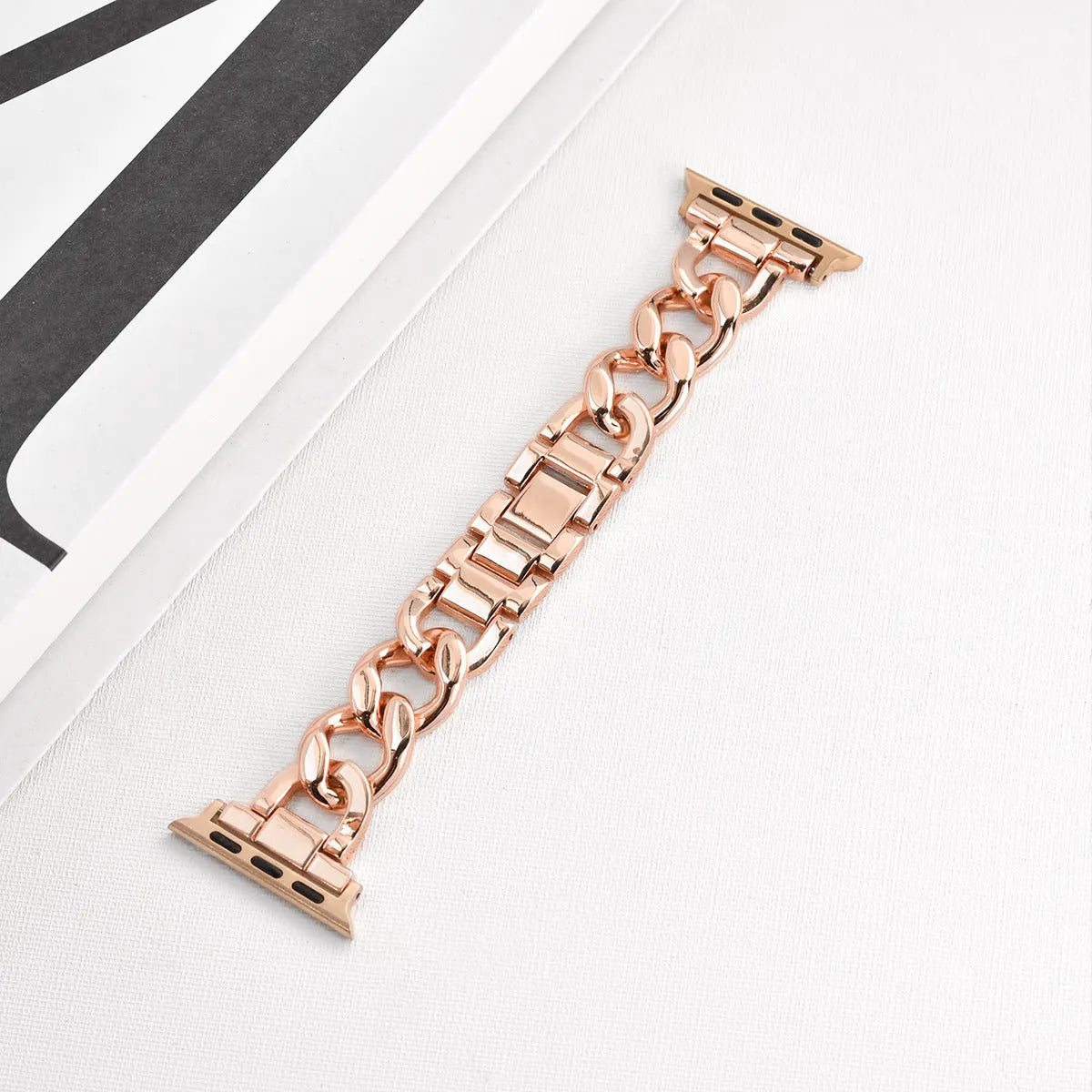 Denim chain metal Apple Watch compatible strap in silver, black, gold, rose gold, and starlight colours for 38-49mm cases.