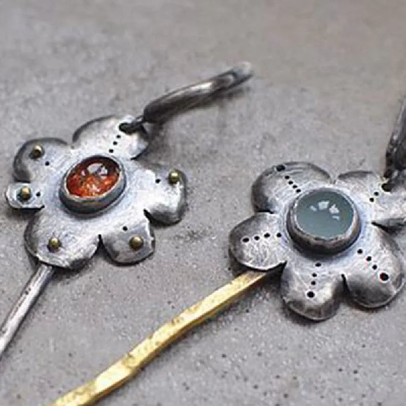 Fashion retro two-tone flower long earrings, alloy, electroplated finish, geometric shape, asymmetrical colours