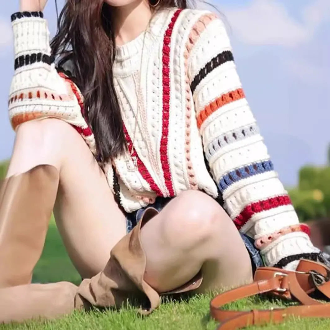 Rainbow striped loose fit pullover sweater with batwing sleeves in retro style