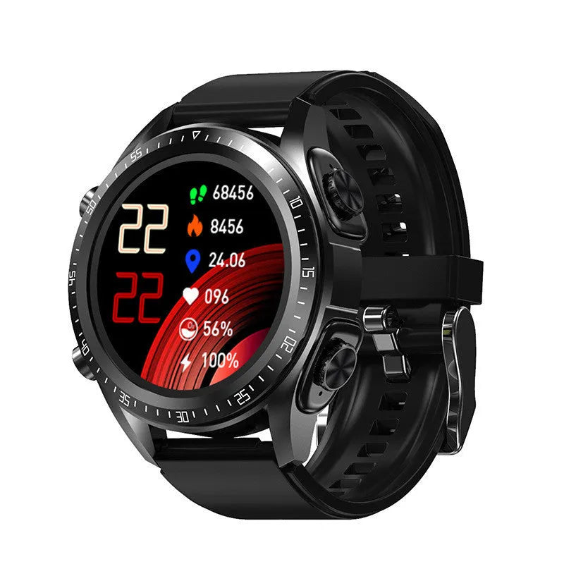 Black smart watch with silicone strap showing blood pressure and oxygen monitoring on its screen.