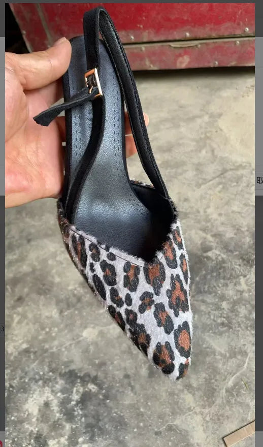 Women's leopard print suede sandals with pointed toe and high heel design