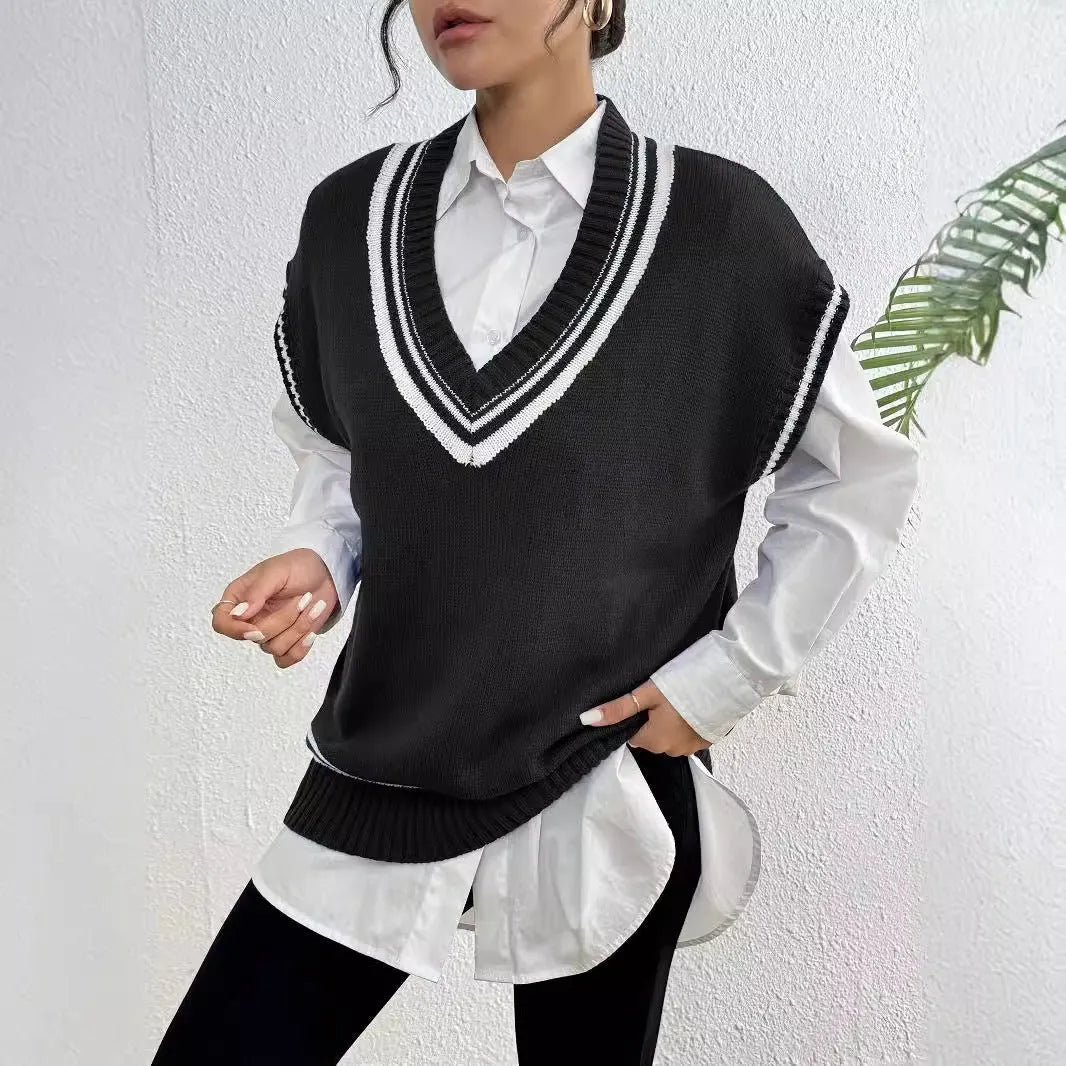 Women's loose college style pullover vest sweater in blue, black, or coffee.