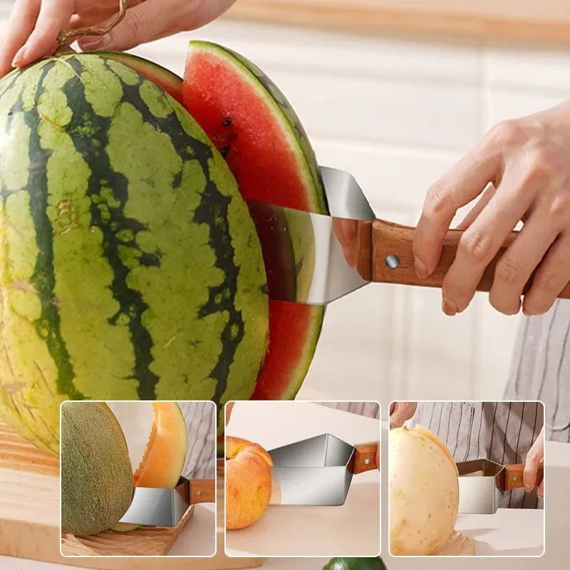 Natural colour 430 stainless steel triangle watermelon splitter with protective cover on a light background