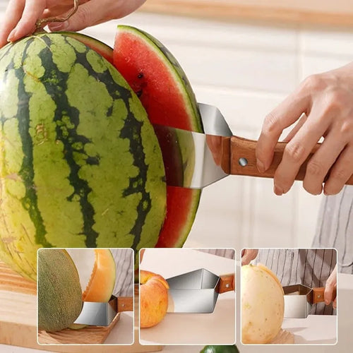 Natural colour 430 stainless steel triangle watermelon splitter with protective cover on a light background