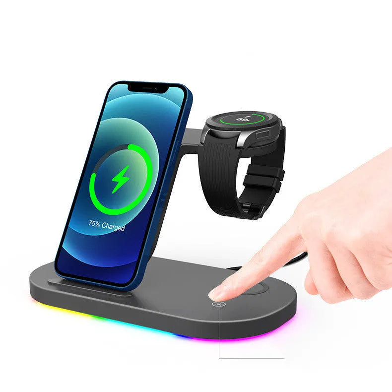 15W three in one wireless charger for watch and mobile phone in black with Type-C input