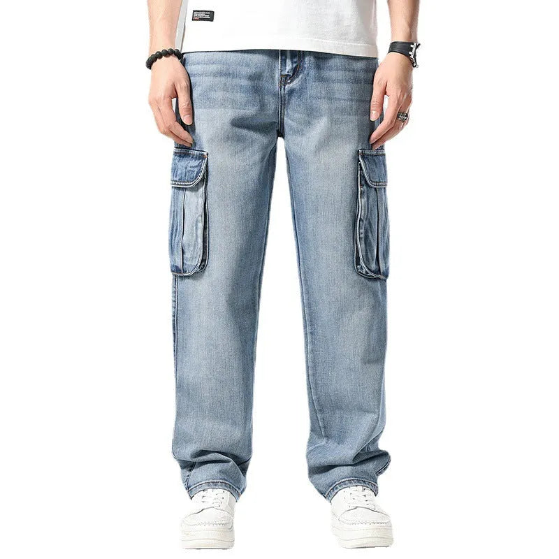 Men's hip hop retro multi-pocket denim trousers in 1908 Blue, high waist, straight-leg loose fit, cotton fabric