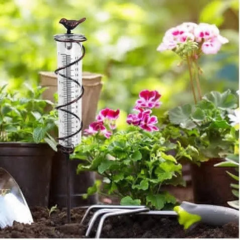 Cast iron and glass outdoor rain gauge with hummingbird design showing 0-800ml capacity