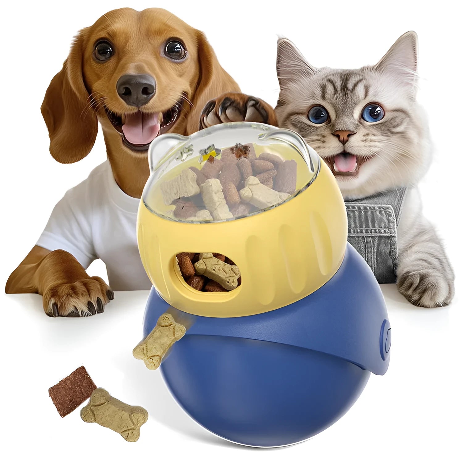 Owl-shaped plastic cat feeder toy in morandi yellow and blue colours for interactive food dispensing