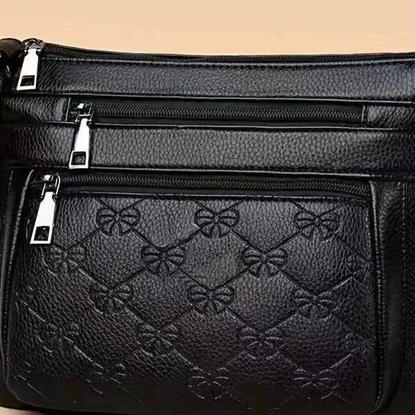 Butterfly black PU horizontal square crossbody bag with sewing thread details and slit pocket